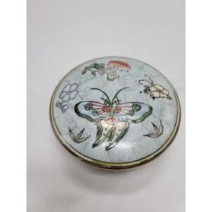 Green Butterfly Flowers Trinket Jewelry Box Porcelain Hand Painted Vintage Macau